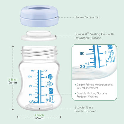 Maymom Wide-Mouth Milk Storage Feeding Collection Bottle with Nipple, Dome Cap, Bottle Top, SureSeal Sealing Disk; Compatible with Spectra Pump/Motif Luna; 5 pc (4.7Oz/140mL)