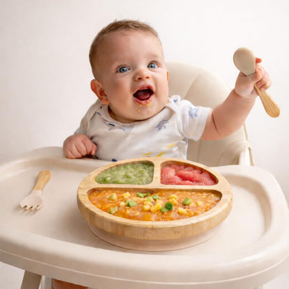 Bamboo Baby Plates with Suction, Toddler Plates for Self Feeding, Eco Friendly Baby Feeding Plate Set, Divided Plate for Baby Boy & Baby Girl, BPA Free, Easy Clean (Beige)