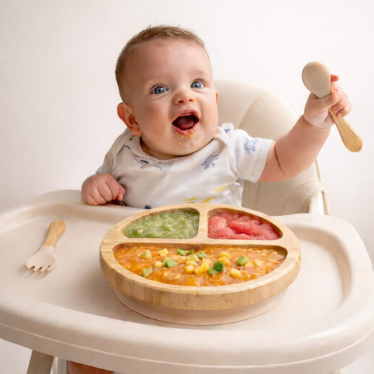 Bamboo Baby Plates with Suction, Toddler Plates for Self Feeding, Eco Friendly Baby Feeding Plate Set, Divided Plate for Baby Boy & Baby Girl, BPA Free, Easy Clean (Beige)