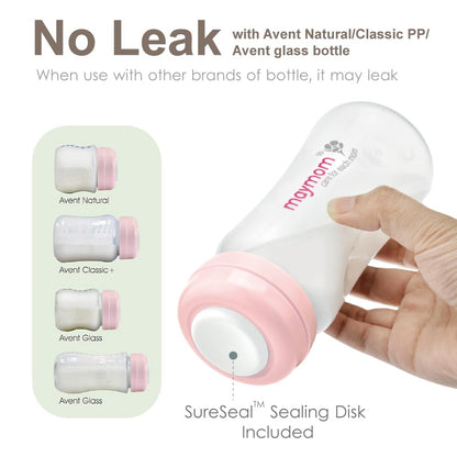 Maymom Wide-Mouth Milk Storage Feeding Collection Bottle with Nipple, Dome Cap, Bottle Top, SureSeal Sealing Disk; Compatible with Spectra Pump/Motif Luna; 5 pc (4.7Oz/140mL)