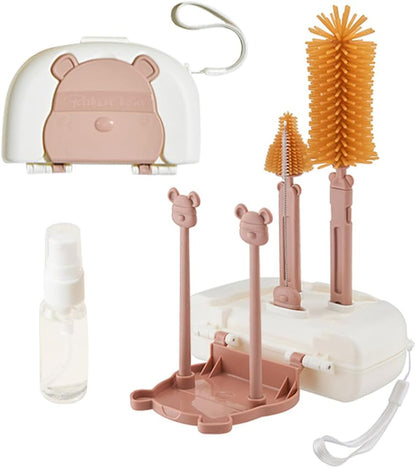 Baby Bottle Drying Rack and Cleaning Set, 7 in 1 Bottle Cleaning Brush Set with Silicone Bottle Brush, Straw Brush, Nipple Brush, Soap Dispenser, Storage Box, Drying Rack for Baby Bottle (Brown)