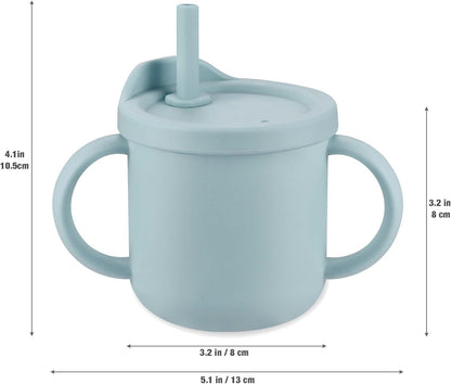 PandaEar Silicone Baby Feeding Set| 2 Pack Silicone Divided Suction Plate and 2 Pack Tiny Cup with 2 Spoons 2 Forks| Baby Led Weaning Supplies Self Feeding Eating Utensils (Light Blue/Light Green)