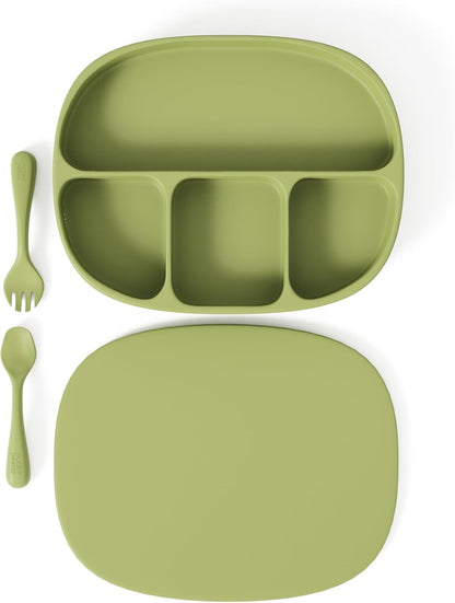Toddler Necessities Baby Feeding Essentials Set for Baby in Green Color with Baby plates with Suction and Silicone Utensil Set - (3 Pieces)