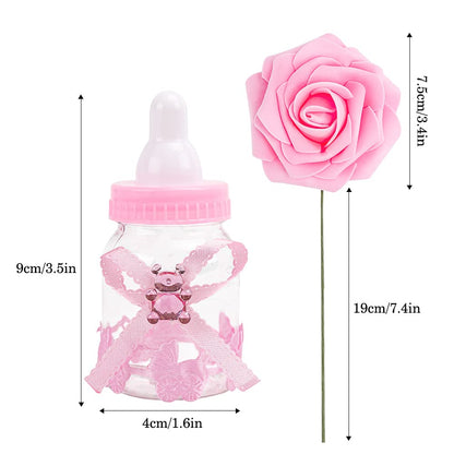 MACTING 2 Dozens 3.5 Inch Feeding Bottle Candy Box with 5 Pcs Artificial Flower Rose for Baby Shower Favor Gift Decoration (Pink)