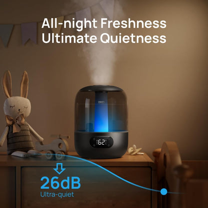DREO Humidifiers for Bedroom, 3L Top Fill 30H & 26dB Quiet Runtime for Large Room, Cool Mist Ultrasonic Humidifier with Humidity Sensor, Night Light for Home, Baby, Nursery, Plants, New Edition