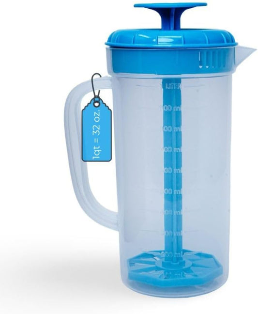JBK Pottery 1 Quart Plastic Mixing Pitcher with Mixing Lid, BPA Free, Shatterproof Beverage Jug for Iced Tea, Lemonade, Juices, Milk – Leak-Proof, Easy Stirring, Dishwasher Safe | Blue