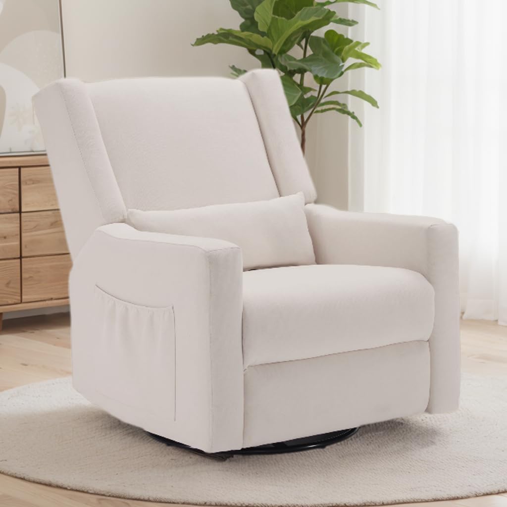 Tbfit Nursery Rocking Chair,360°Swivel Recliner Chair with Lumbar Support for Bedroom, Comfy Upholstered Armchair with Pillows & Footrest for Living Room & Baby Room