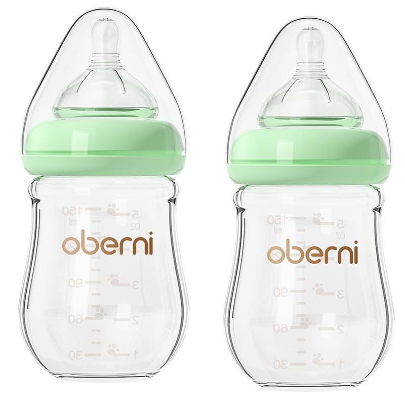 Glass Baby Bottles, Anti Colic Breastfeeding Bottle with Natural Response Nipple for Newborn Preemie 0+ Month, BPA Free, Wide Neck, Blue/3Pack/5oz