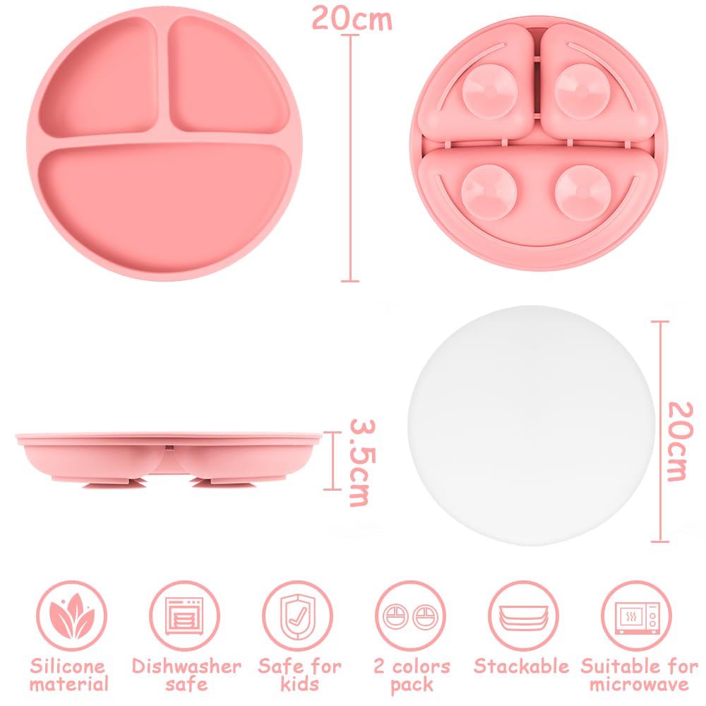 Vicloon Toddler Plates, 3 Pcs Silicone Baby Plates, BPA Free Suction Plates with Lids for Babies and Toddlers, Suction Plate Feature, Divided Plate Design,Toddler Plate Microwave&Dishwasher Safe