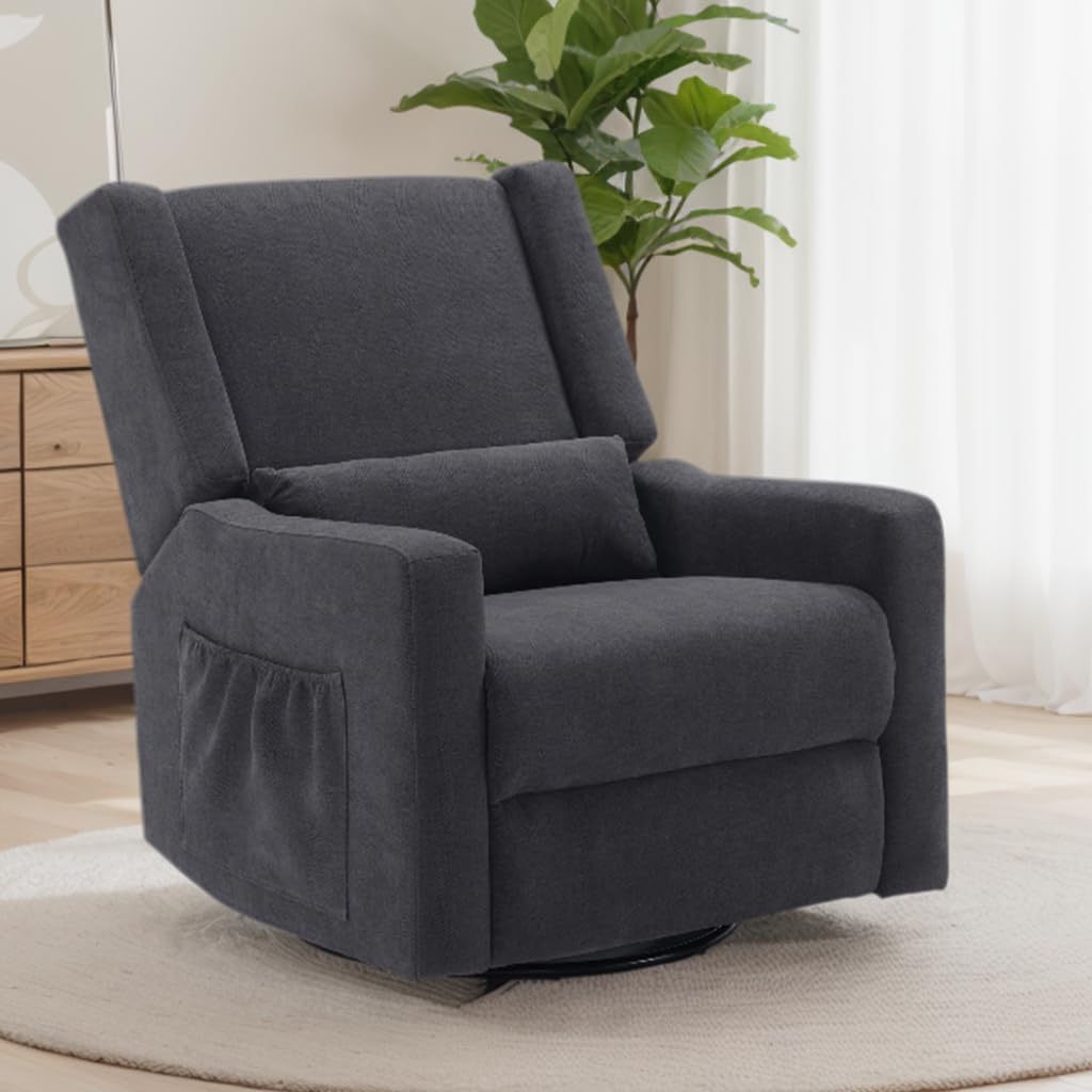 Tbfit Nursery Rocking Chair,360°Swivel Recliner Chair with Lumbar Support for Bedroom, Comfy Upholstered Armchair with Pillows & Footrest for Living Room & Baby Room