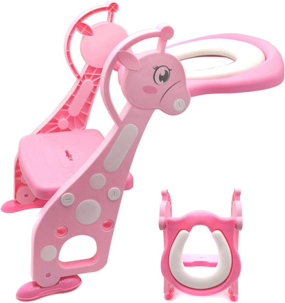 HTTMT- Giraffe Potty Training Toilet Ladder Seat With Upgraded Cushion Step Stool Ladder Toilet Chair/Toilet Trainer for Baby Toddler Kids Children In Pink [P/N: ET-BABY001-PINK STEP]