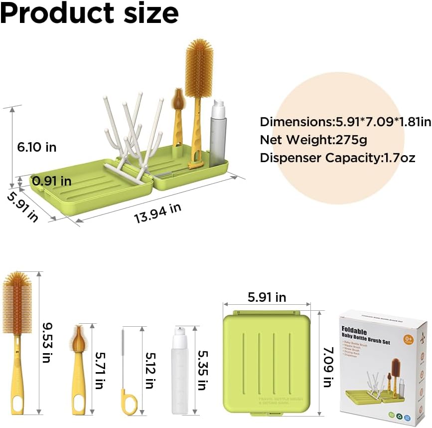 Travel Bottle Brush with Portable Bottle Drying Rack, Baby Bottle Brush for Baby Travel Essential, Blue