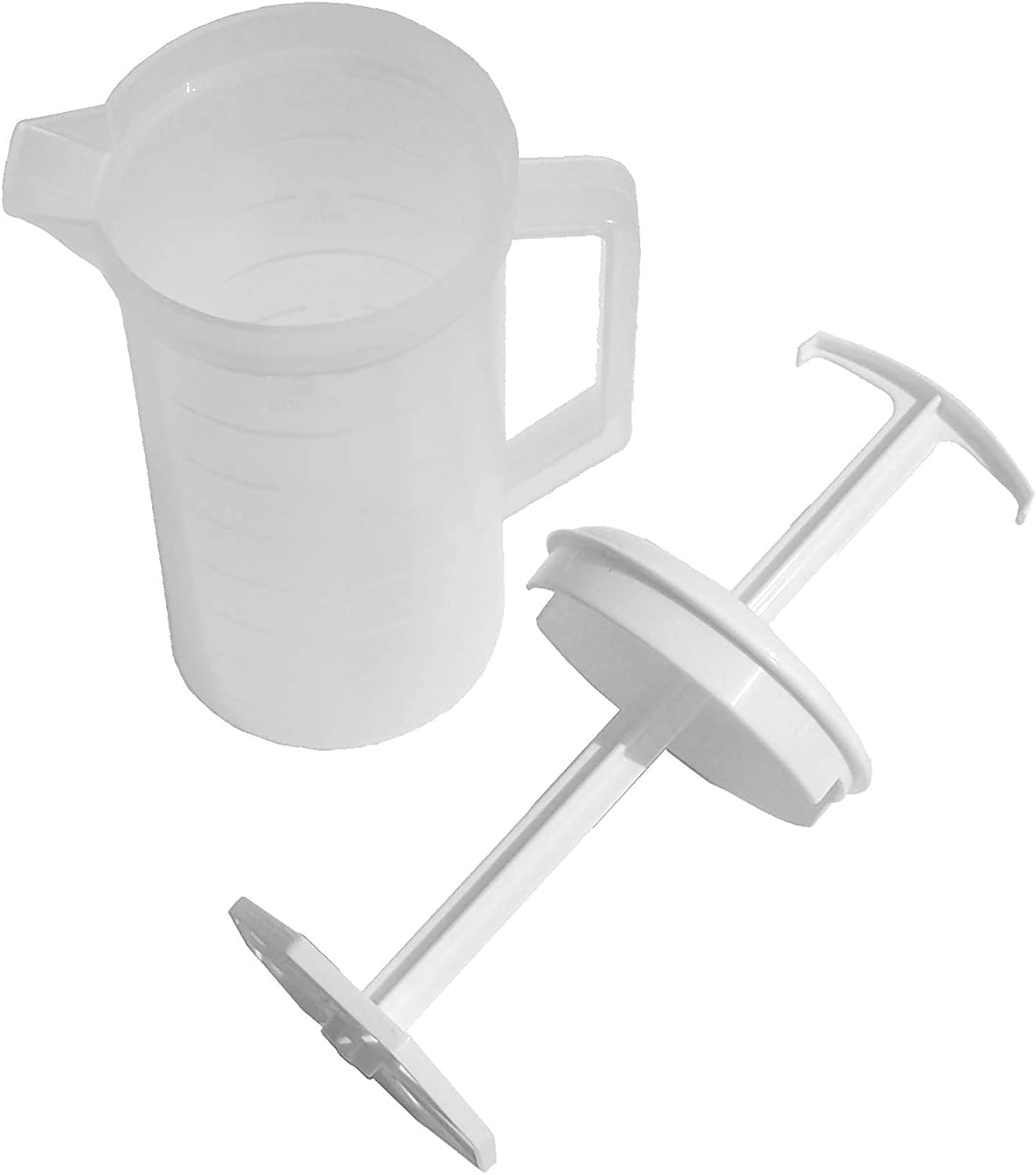 JBK Pottery 2-Quart White Mixing Pitcher with Plunger – BPA-Free Plastic Mixing Jug for Juice, Milk, Tea, Shakes, and More – Dishwasher-Safe, Spill-Proof Lid, Smart Stirring Design
