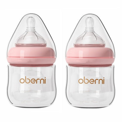 Oberni Glass Baby Bottles,Anti Colic Breastfeeding Bottle with Natural Response Nipple Size S,Wide Neck Slow Flow Baby Bottle for Baby,Newborn,Preemie 0-3 0-6 Month,BPA Free (Pink, 1 Pack, 4 Ounce)