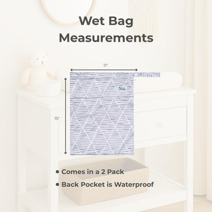 Nora's Nursery Reusable Wet Dry Bag for Cloth Diapers, Washable Pod with Large Zipper Opening, 2-Pack Waterproof Diaper Pods with Detachable Snap, Wet Bags for Cloth Diapers