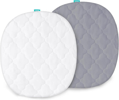 Bassinet Mattress Pad Cover Waterproof, Quilted Mattress Protector Sheets Fits All Mainstream Bassinet - Rectangle, Oval, Hourglass, 2 Pack, 17'' x 33'', Ultra Soft Breathable, White and Grey