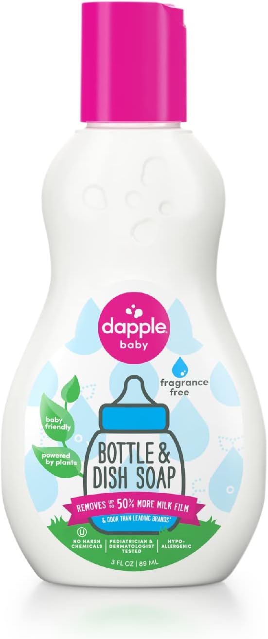 Dapple Baby Fragrance Free Bottle & Dish Soap - (3 Pack) 16.9 fl oz - Cleans Baby Bottles, Sippy Cups, Pacifiers, Breast Pumps, & More - Gently Removes Milk Film & Odors - Includes 1 Pump