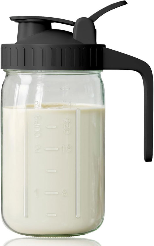 OneDream Breast Milk Pitcher 32oz Glass Pitcher with Lid, Formula Pitcher Leakproof Drip-Free Spout, Wide Mouth Mason Jar Pitcher for Easy Pouring, Dishwasher Safe Breastmilk Storage Pitcher