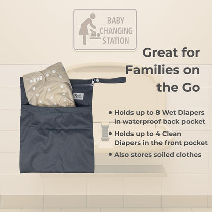 Nora's Nursery Reusable Wet Dry Bag for Cloth Diapers, Washable Pod with Large Zipper Opening, 2-Pack Waterproof Diaper Pods with Detachable Snap, Wet Bags for Cloth Diapers