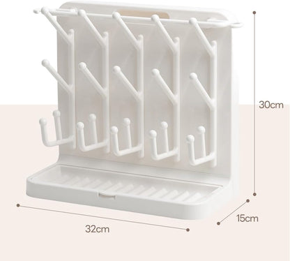 LUNELL Baby Bottle Drying Rack with 20 Hooks and Drip Tray, Large Space Saving Vertical Dryer Holder for Countertop, Storage Organizer for Pump Parts, Pacifiers, with Brush Holder, Ivory White
