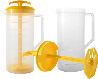 JBK Pottery 2-Quart White Mixing Pitcher with Plunger – BPA-Free Plastic Mixing Jug for Juice, Milk, Tea, Shakes, and More – Dishwasher-Safe, Spill-Proof Lid, Smart Stirring Design