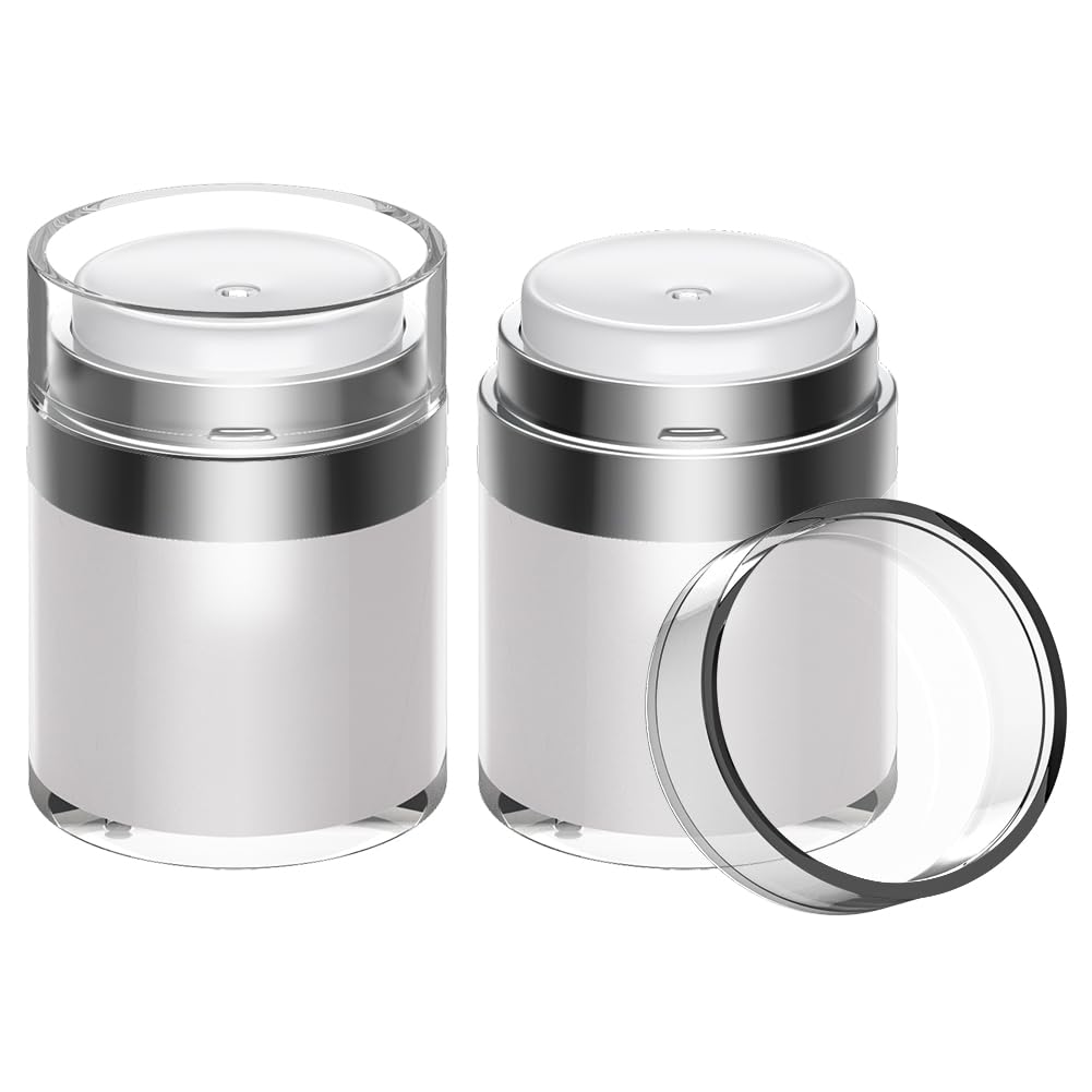 Airless Pump Jar, 1 oz Airless Pump Bottles, Travel Lotion Container – Vacuum Dispenser for Cream – Leak-Proof TSA-Friendly Design Keeps Cream Fresh – Multi-Purpose for Lotion, Sunscreen (2 Pack)