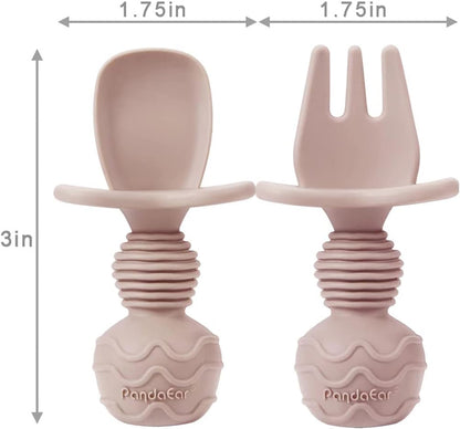 PandaEar Silicone Baby Feeding Set| 2 Pack Silicone Divided Suction Plate and 2 Pack Tiny Cup with 2 Spoons 2 Forks| Baby Led Weaning Supplies Self Feeding Eating Utensils (Light Tan/Walnut)