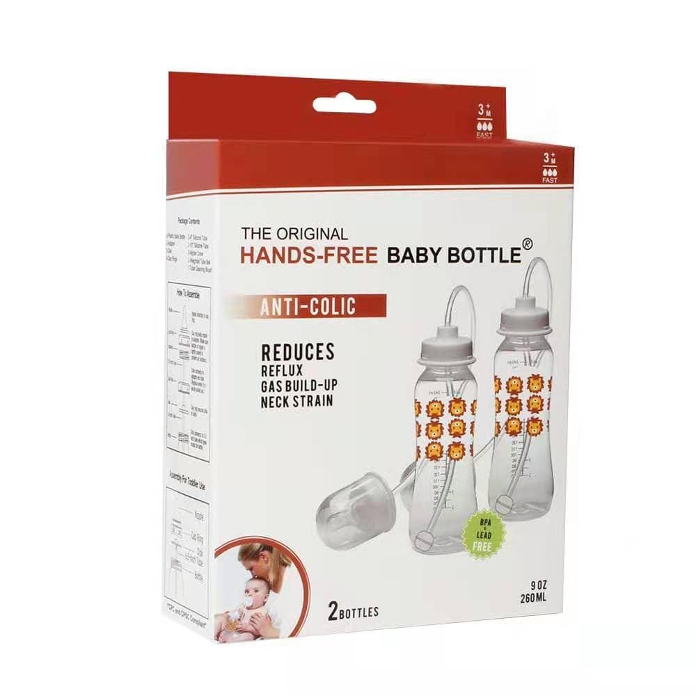 Hands-Free Baby Bottle - Anti-Colic Nursing System 9 oz Baby Bottle with Fast Flow Nipple/Teat 3m+ with Tube Straw Feeding System for Toddler (2 Bottles - Lion)