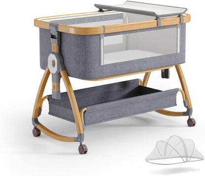 Baby Bassinet, Bedside Bassinet for Baby, 4 in 1 Portable Bassinet Bedside Sleeper with Wheels Mosquito Net & Storage Basket, 6 Height Adjustable Rocking Bassinet for Newborn Baby