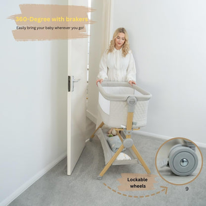 BaeBae Goods 3 in 1 Baby Bassinet with Wheels, Portable Bedside Sleeper for Baby 3 Adjustable Heights & Foam Mattress, Bedside Crib for Newborns & Infants with Storage Basket, Carry Bag Included