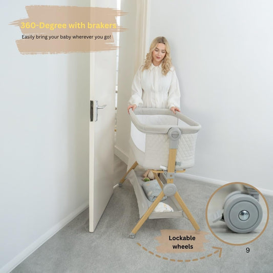 BaeBae Goods 3 in 1 Baby Bassinet with Wheels, Portable Bedside Sleeper for Baby 3 Adjustable Heights & Foam Mattress, Bedside Crib for Newborns & Infants with Storage Basket, Carry Bag Included