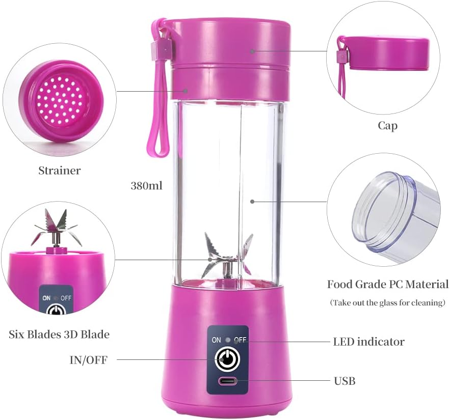 Portable Blender Cup,Electric USB Mini Juicer Blender For Shakes and Smoothies, Juice,380ml, Six Blades Great for Mixing,Black