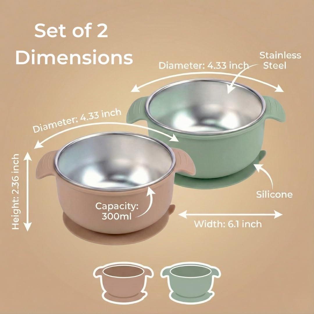 Stainless Steel Baby Suction Bowls with Handles 2 Pack, Non-Slip Children Food Bowl with Silicone Sleeve for Kids Toddlers Infants, Unbreakable & Non Toxic (Sage Green & Mocha Mousse)