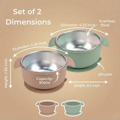 Stainless Steel Baby Suction Bowls with Handles 2 Pack, Non-Slip Children Food Bowl with Silicone Sleeve for Kids Toddlers Infants, Unbreakable & Non Toxic (Sage Green & Mocha Mousse)