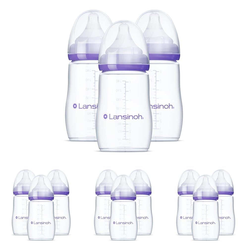 Lansinoh Anti-Colic Baby Bottles, BPA-Free Plastic, 8 Ounces, 3 Count, Medium Flow Nipples (Size M), Breastfeeding Bottle with NaturalWave Design, Baby Essentials