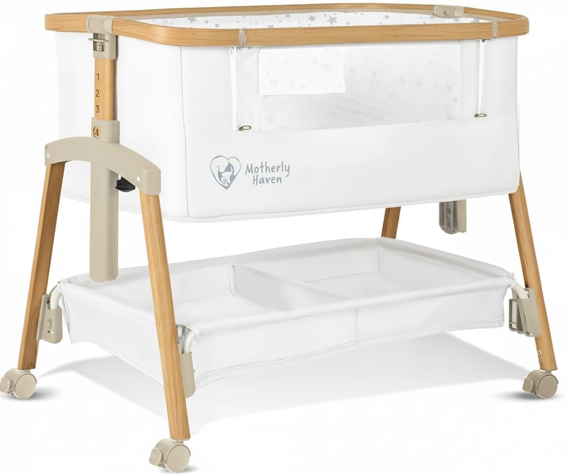 Motherly Haven Baby Bassinet Bedside Sleeper, Portable Crib for Newborns, Adjustable 7-Height Auto-Lock, with Wheels, Soft Mattress & Breathable Mesh (Light Grey)