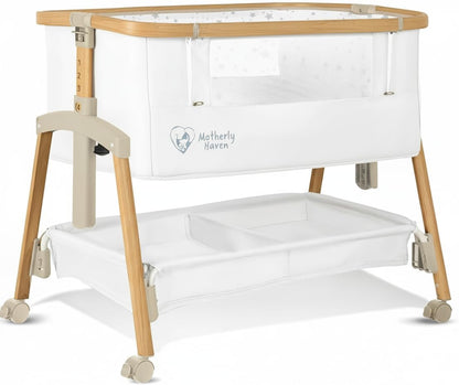 Motherly Haven Baby Bassinet Bedside Sleeper, Portable Crib for Newborns, Adjustable 7-Height Auto-Lock, with Wheels, Soft Mattress & Breathable Mesh (Light Grey)