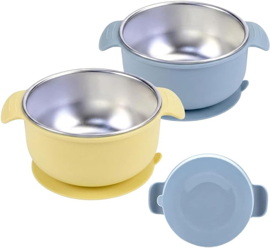 Stainless Steel Baby Suction Bowls with Handles 2 Pack, Non-Slip Children Food Bowl with Silicone Sleeve for Kids Toddlers Infants, Unbreakable & Non Toxic (Sage Green & Mocha Mousse)