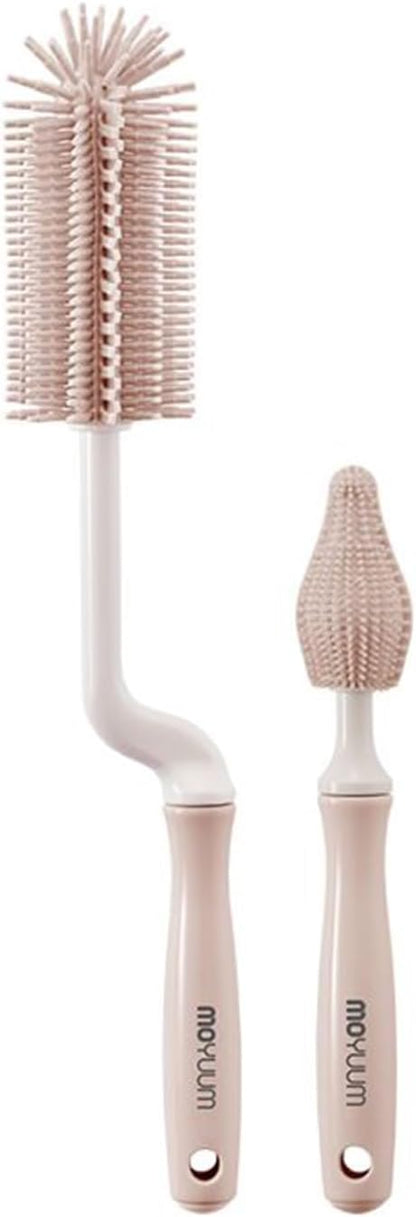 Moyuum Silicone Baby Bottle and Nipple Brush Set | Made in Korea, 360 Degree Rotating Handle, Soft Bristles, Hanging Hole for Quick Drying and Storage, Dishwasher Safe (Cool Grey)