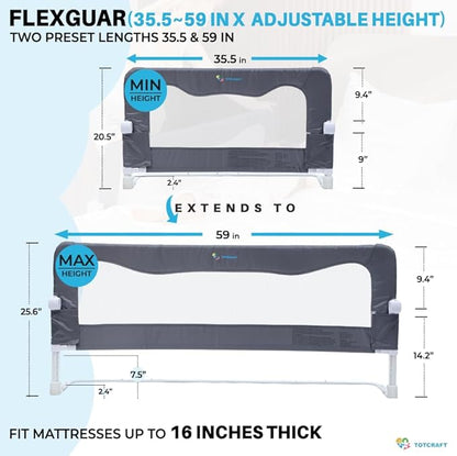 TotCraft Flexguard Adjustable Length & Height Bed Rail for Toddlers – Fits Twin, Full, Queen & King Beds – 35.5″ or 59″ Two Fixed Lengths – 14 Height Levels – ASTM Certified Bed Rail for Baby (Grey)