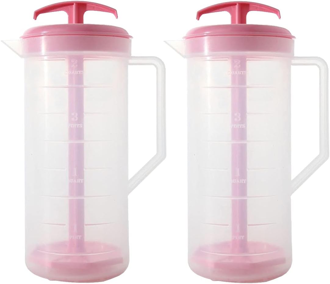 JBK Pottery 2-Quart White Mixing Pitcher with Plunger – BPA-Free Plastic Mixing Jug for Juice, Milk, Tea, Shakes, and More – Dishwasher-Safe, Spill-Proof Lid, Smart Stirring Design