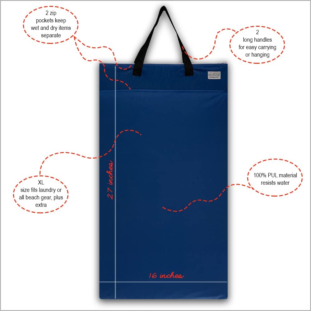 Ecoable Large Wet Dry Bag: Travel Tote Organizer for Diapers, Laundry, Beach, Pool, Stroller, Dirty Gym Clothes, Swimsuits (Navy Blue)
