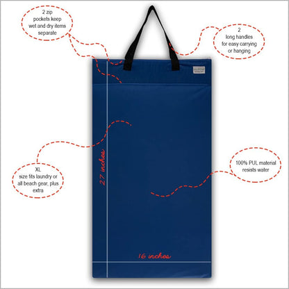 Ecoable Large Wet Dry Bag: Travel Tote Organizer for Diapers, Laundry, Beach, Pool, Stroller, Dirty Gym Clothes, Swimsuits (Navy Blue)