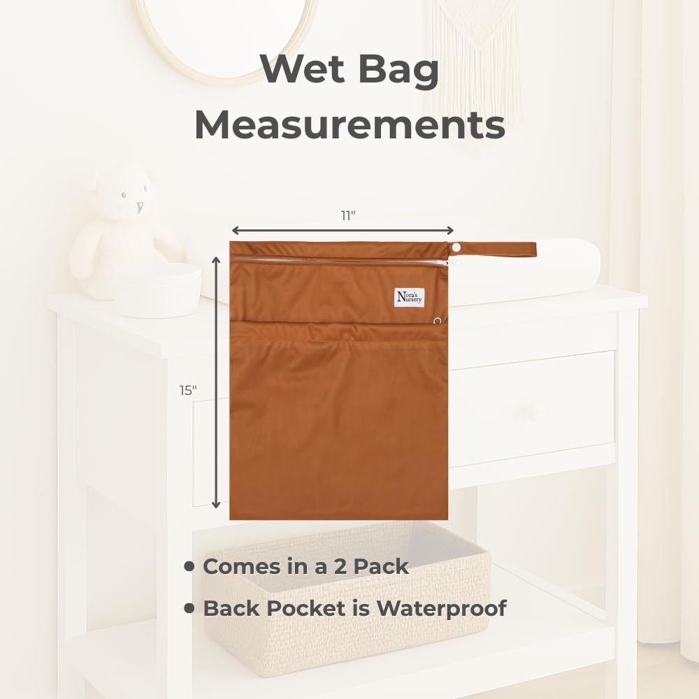 Nora's Nursery Reusable Wet Dry Bag for Cloth Diapers, Washable Pod with Large Zipper Opening, 2-Pack Waterproof Diaper Pods with Detachable Snap, Wet Bags for Cloth Diapers