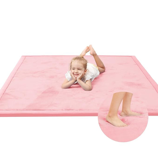 Huloo Sleep Baby Play Mat for Floor,1.3" Thick Elasti-Foam 74×50 Playpen Mat for Toddlers Infant kids,Water-Repellent Soft Coral Velvet for Tummy Time, Non-Slip Backing for Crawling,Tatami Style(Pink)