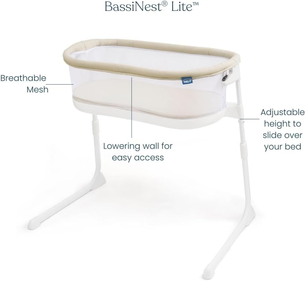 HALO® BassiNest® Bedside Sleeper – Breathable Baby Bassinet Slides Over Bed with Mesh Walls for Airflow & Visibility, Lowering Wall for Easy Access, Fits Most Beds