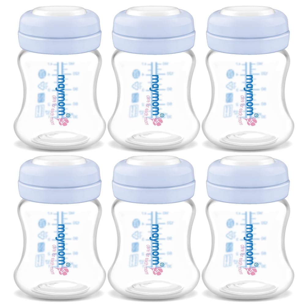 Maymom Wide-Mouth Milk Storage Feeding Collection Bottle with Nipple, Dome Cap, Bottle Top, SureSeal Sealing Disk; Compatible with Spectra Pump/Motif Luna; 5 pc (4.7Oz/140mL)