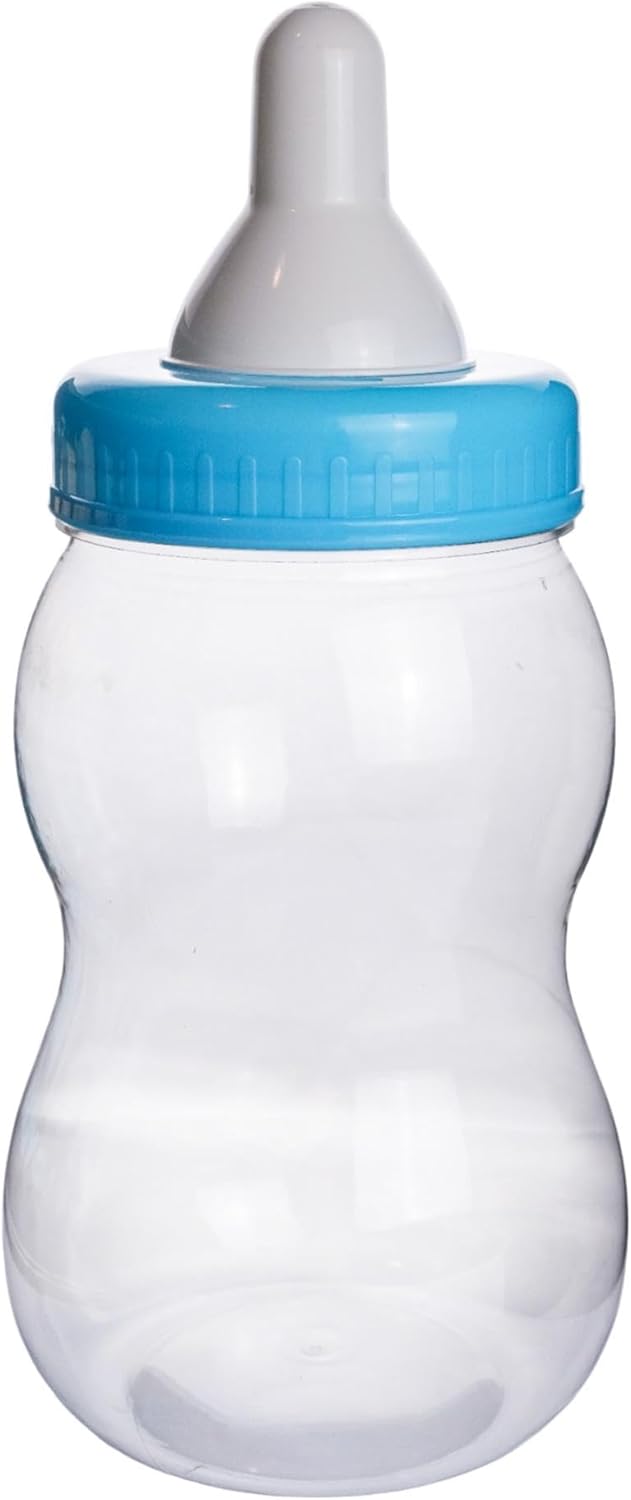 Evershine Plastic Baby Bottle Bank, 13" Blue Fillable Baby Shower Bank, Plastic Jumbo Baby Favor Bottle Centerpiece