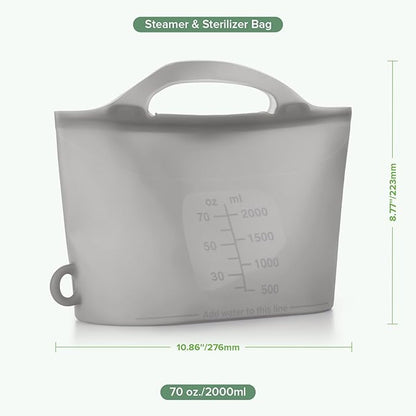 Haakaa Silicone Microwave Steamer & Steriliser Bag, 70oz/2000ml Large Capacity Reusable Steaming Bags for Baby Bottles, Breast Pump, Accessories, Pacifiers,Teethers, Great for Home&On The Go,Grey/2PCS