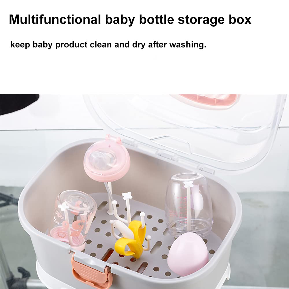 Baby Bottle Drying Rack Storage, Large Nursing Bottle Storage Box Organizer with Cover, Portable Kitchen Cabinet Organizer, Easy to Clean Drainer, Durable countertop Dryer Pink